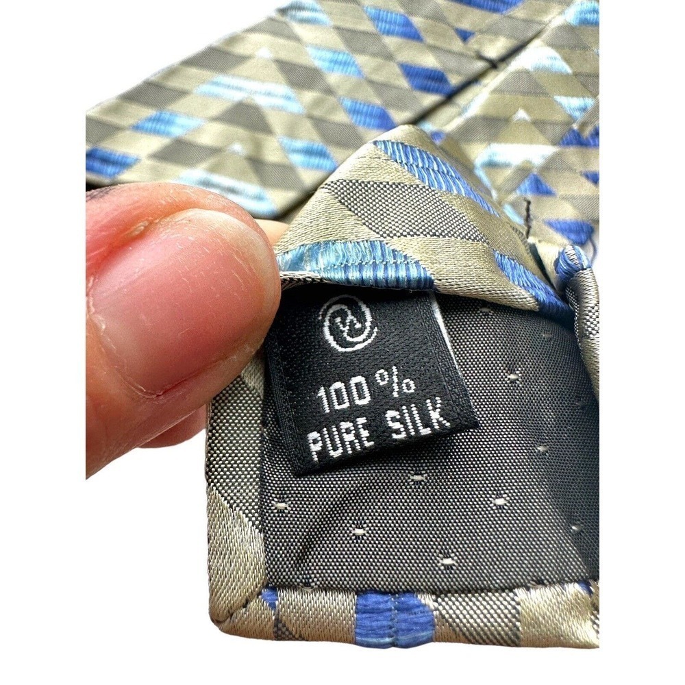 Vakko 100% Silk Mens Tie Geometric Iridescent Woven Classy Formal Beige Blue - Picture 2 of 5